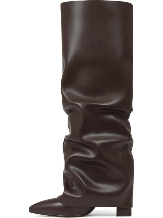 Shoes - Women's Chocolate PU Slouchy Knee High Boots Black Pointed Toe Fold Over Chunky